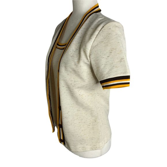 Vintage 70s Layered Look Cardigan Pant Set S Beige Knit Buttons Elastic Waist - Picture 6 of 10